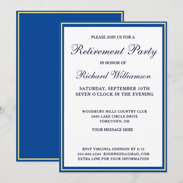 Fiesta de Jubilación Invitación simple de oro azul (Anverso / Reverso)