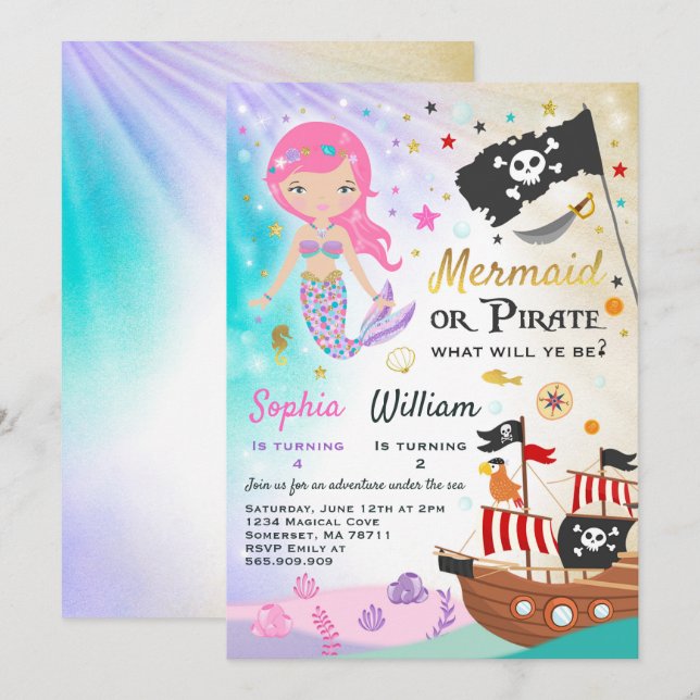Fiesta de la invitación de cumpleaños de Mermaid P (Anverso / Reverso)