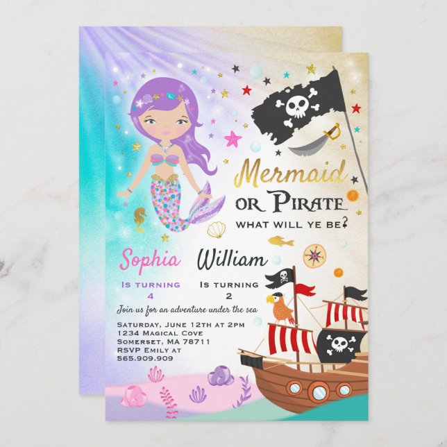 Fiesta de la invitación de cumpleaños de Mermaid P (Anverso / Reverso)