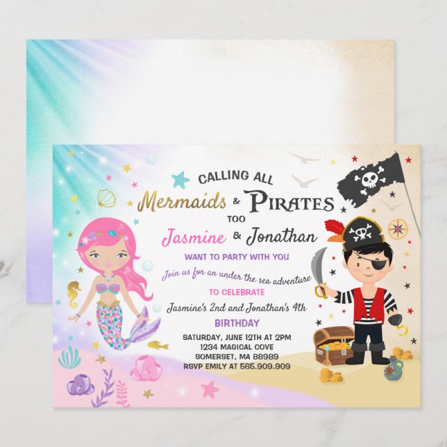 Fiesta de la invitación de cumpleaños de Mermaid P (Anverso / Reverso)