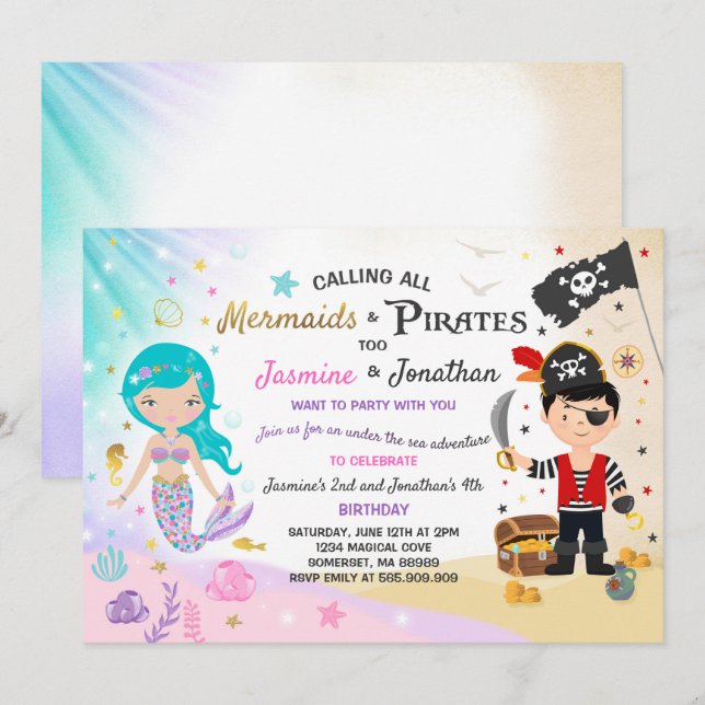 Fiesta de la invitación de cumpleaños de Mermaid P (Anverso / Reverso)