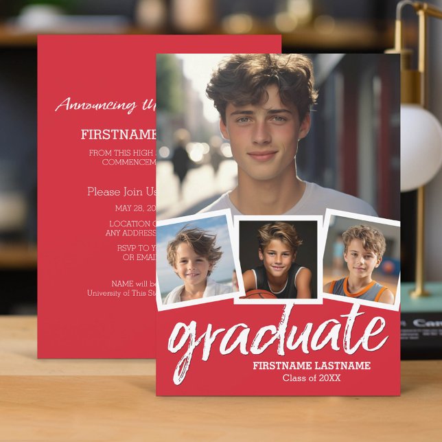 Fiesta de la Invitación de graduación roja de moda (Classic Graduation Announcement and Party Invitation with 4 Photos)