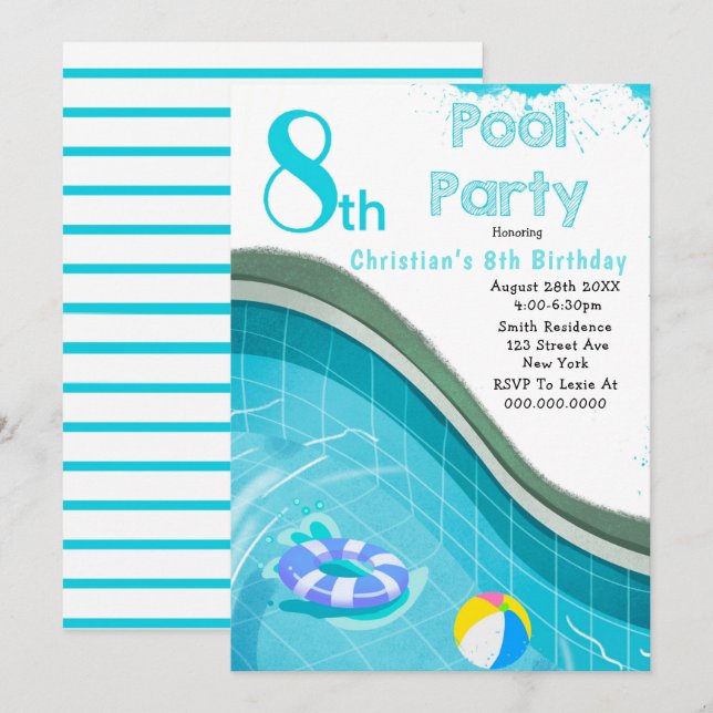 Fiesta de la piscina 8 invitaciones de fiesta de c (Anverso / Reverso)