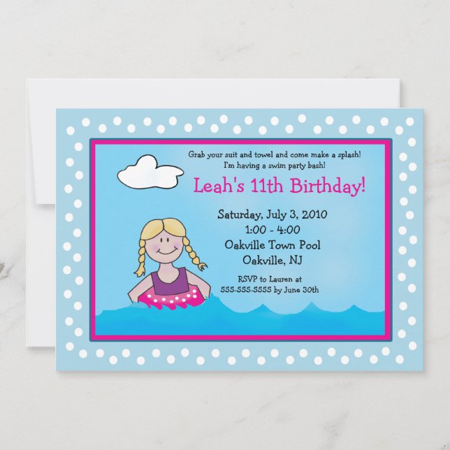 FIESTA de la PISCINA Chica rubio 5x7 Invitaciones  (Anverso)