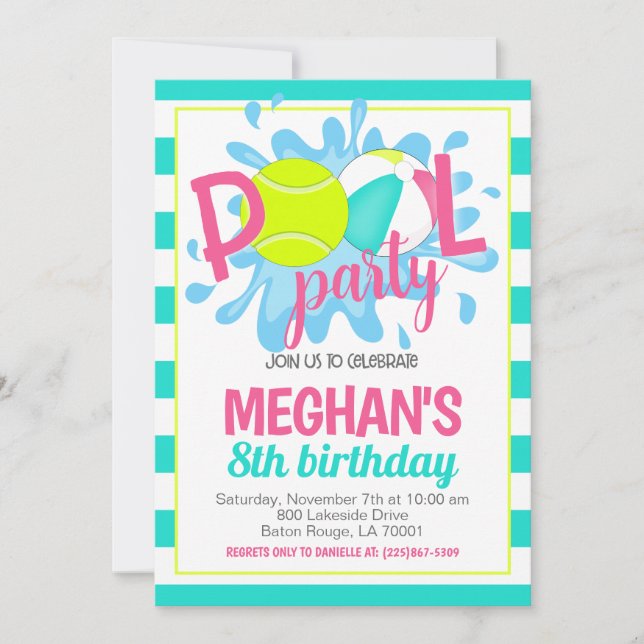 Fiesta de la piscina de tenis Invitación al cumple (Anverso)