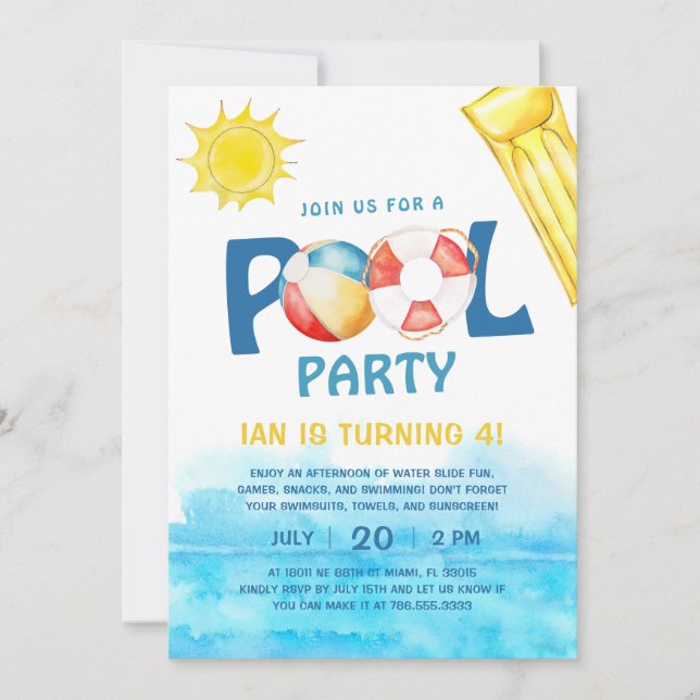Fiesta de la piscina Invitación al cumpleaños Agua (Anverso)