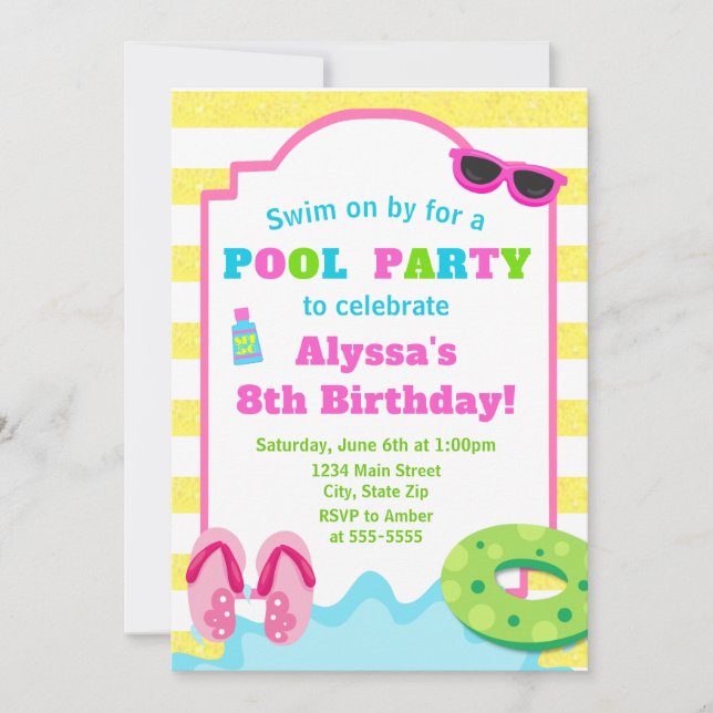 Fiesta de la piscina Invitación de cumpleaños Chic (Anverso)