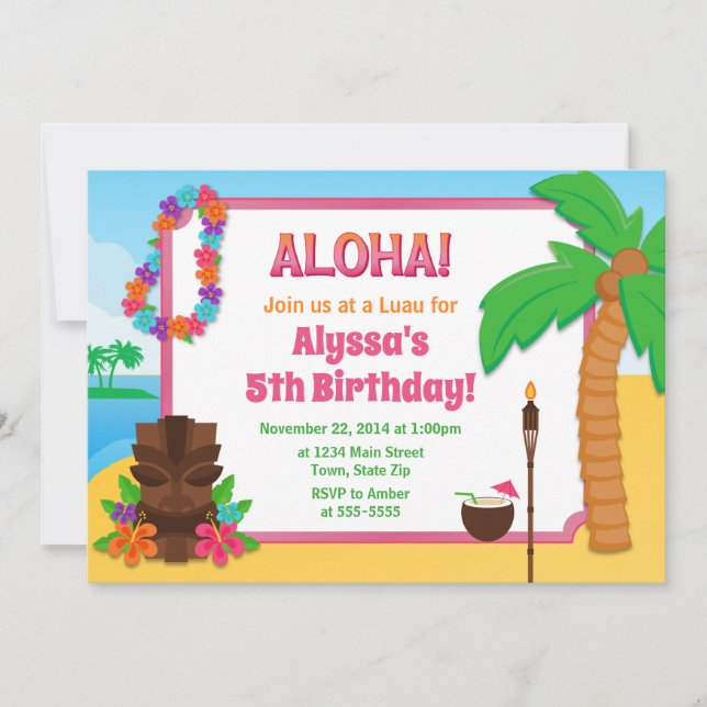 Fiesta de Luau de la invitación del cumpleaños de (Anverso)