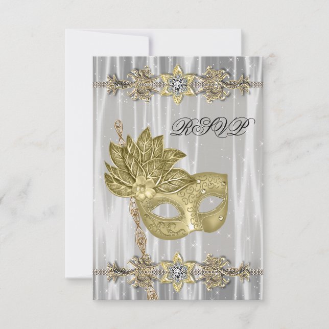 Fiesta de Máscaras de Oro Negro Blanco RSVP (Anverso)