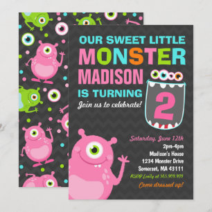 Fiesta de Monstruo Rosa de Invitación a Cumpleaños