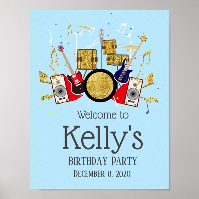 fiesta de música drum set rock star señal de bienv (Frente)