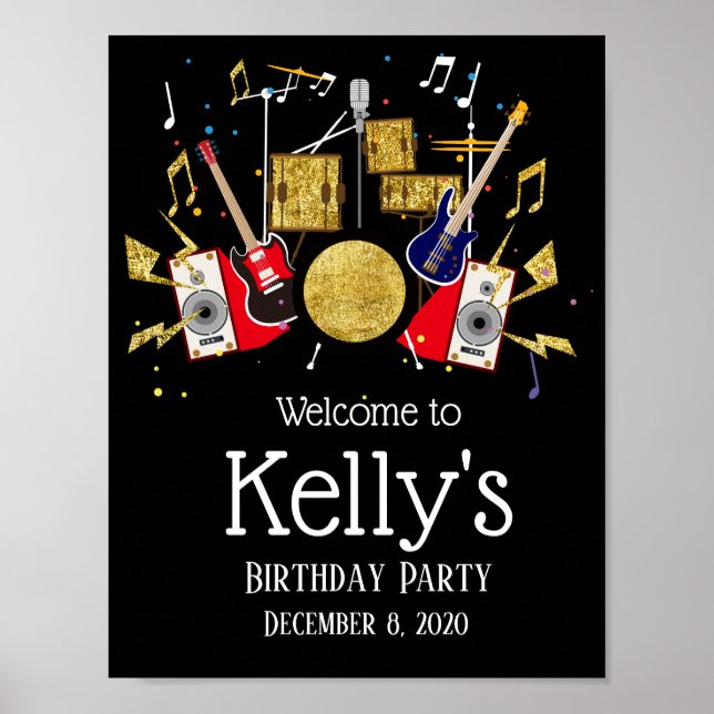 fiesta de música drum set rock star señal de bienv (Frente)