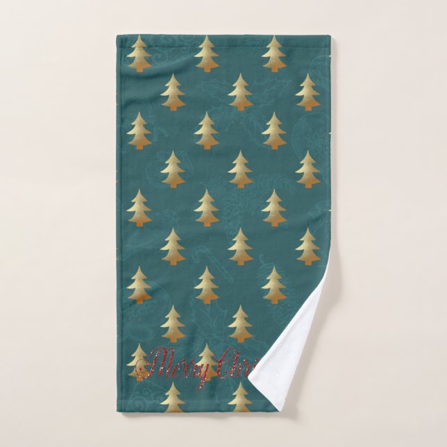 Fiesta de Navidad-Árbol de Navidad dorado,Verde (Toalla de mano)