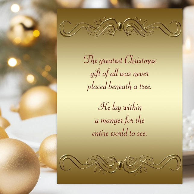 Fiesta de Navidad Cristiana (Religious Christmas card with elegant gold swirls and scriptures.)