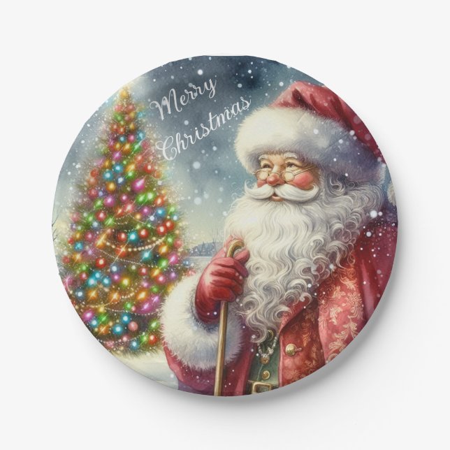 Fiesta de Navidad Plato de Papel Santa Claus Vinta (Anverso)