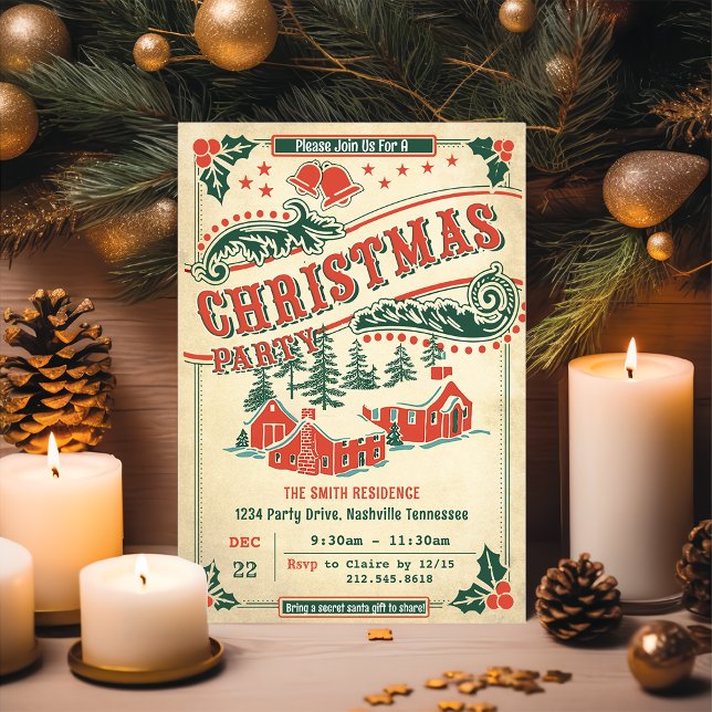 Fiesta de Navidades retro invitación rústica vinta (Subido por el creador)