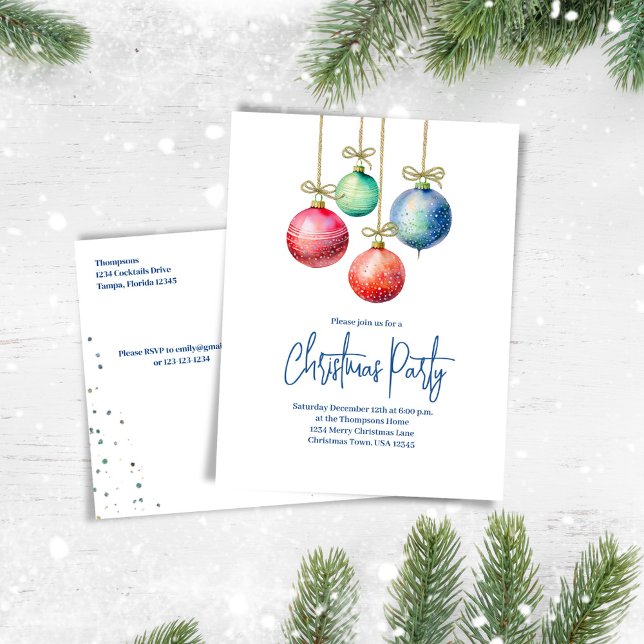 Fiesta de Ornamentos de Navidad de acuarela (Christmas party invitation postcard.)
