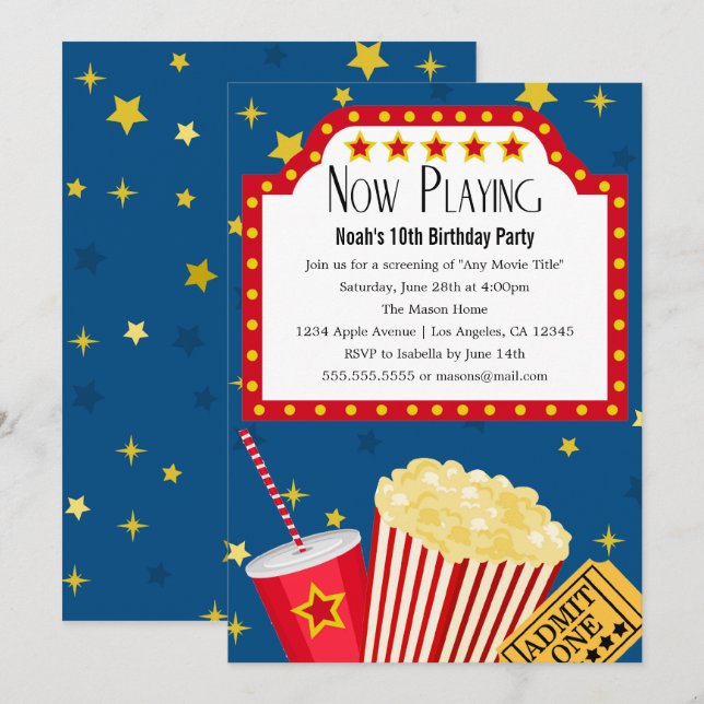 Fiesta de películas | Invitación a la fiesta de cu (Anverso / Reverso)