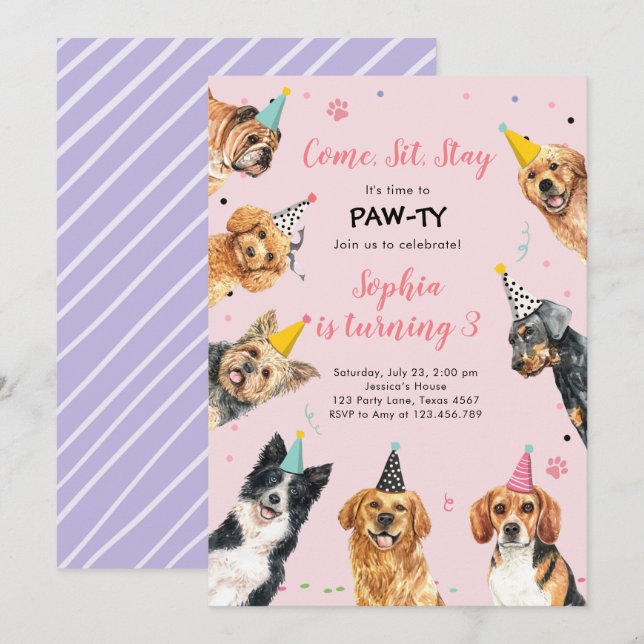 Fiesta de perros de la invitación al cumpleaños de (Anverso / Reverso)