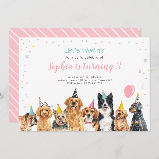 Fiesta de perros de la invitación al cumpleaños de (Anverso / Reverso)
