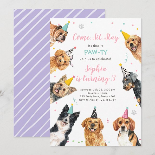 Fiesta de perros de la invitación al cumpleaños de (Anverso / Reverso)