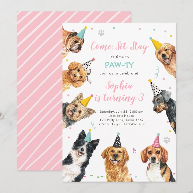 Fiesta de perros de la invitación al cumpleaños de (Anverso / Reverso)