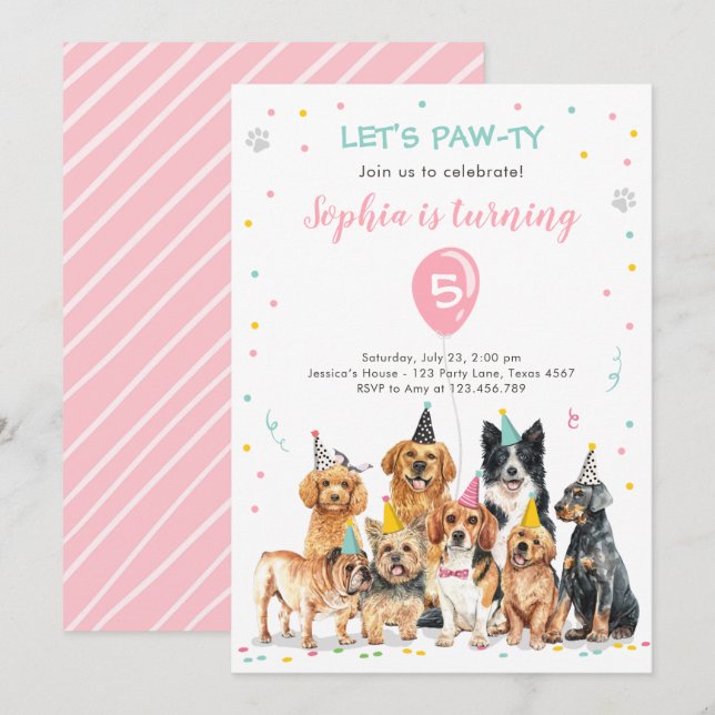 Fiesta de perros de la invitación al cumpleaños de (Anverso / Reverso)
