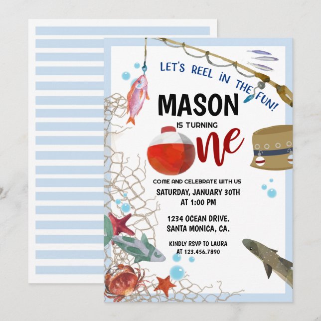 Fiesta de pesca, Primera Cumpleaños, INVITACIÓN DE (Anverso / Reverso)