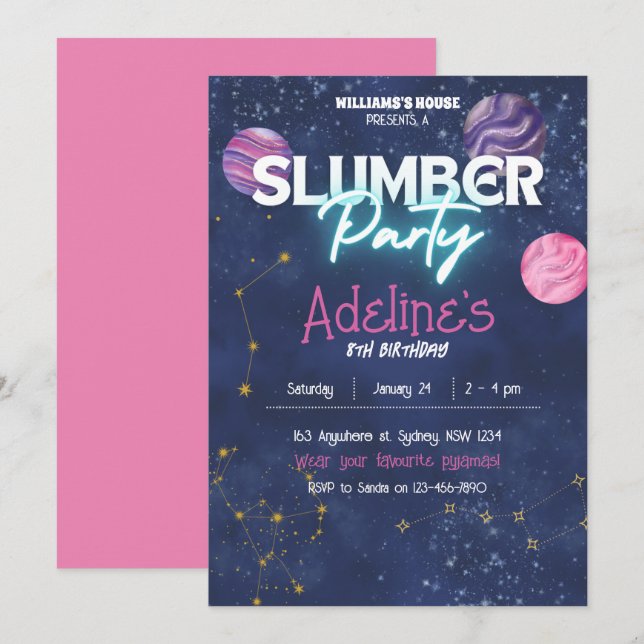 Fiesta de pijamas en la galaxia Invitación de cump (Anverso / Reverso)