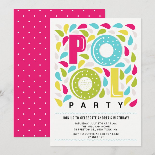 Fiesta de piscina brillante y colorida Invitación  (Anverso / Reverso)