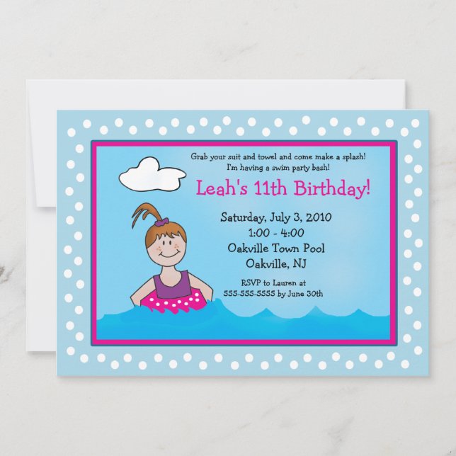 FIESTA de PISCINA Chica Ponytail 5x7 Invitaciones  (Anverso)