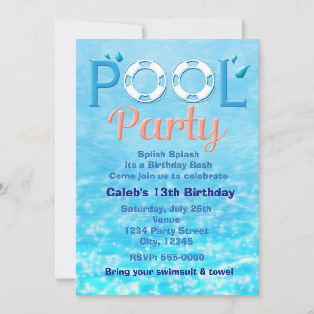 FIESTA DE PISCINA Cumpleaños Tipografía Invitación (Anverso)