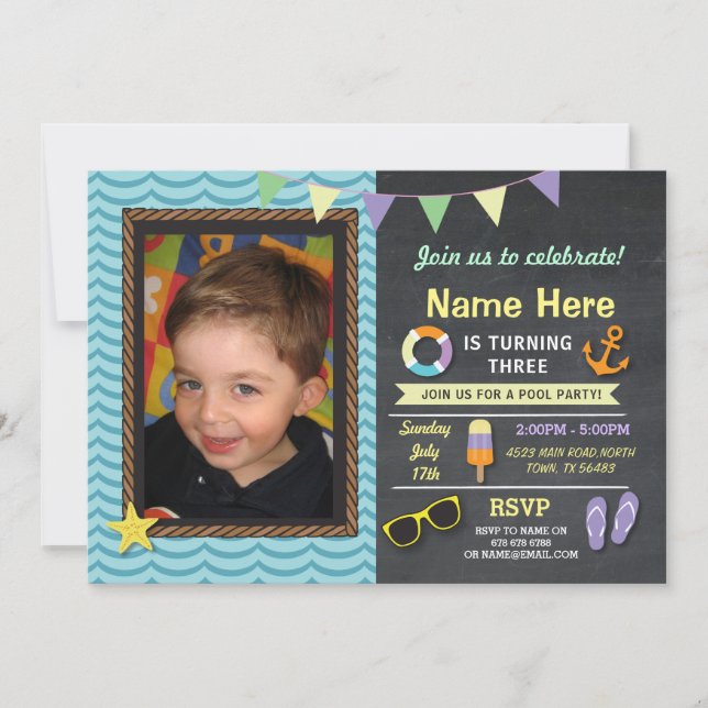 Fiesta de piscina foto de cumpleaños Invitación az (Anverso)