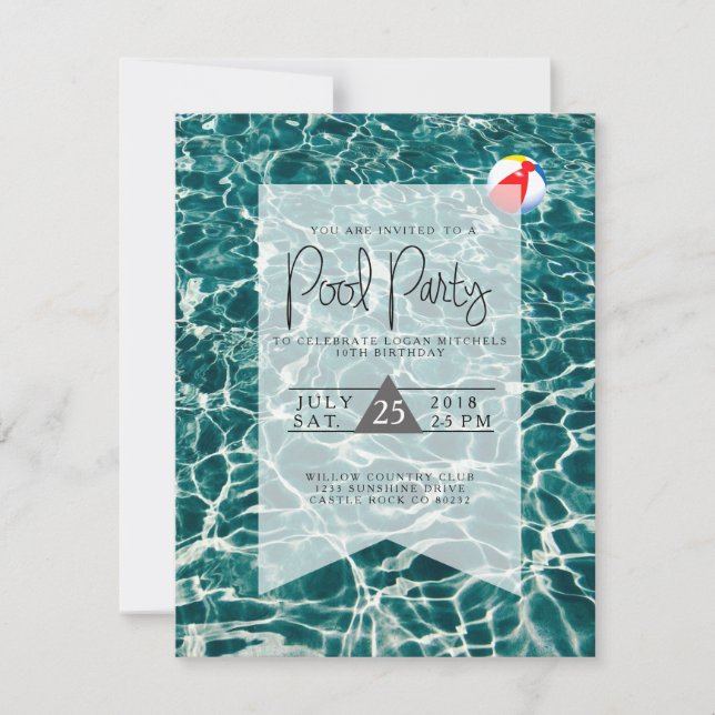 Fiesta de piscina moderna | Invitación de cumpleañ (Anverso)
