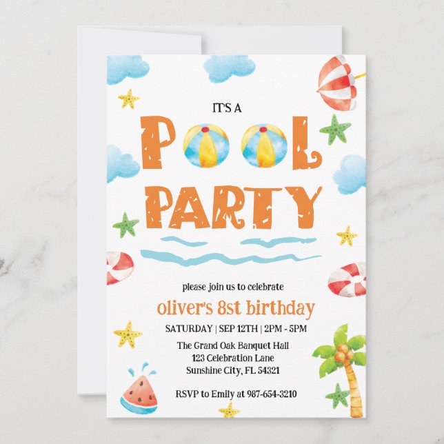 Fiesta de Piscina para Niños, Invitación para Fies (Anverso)