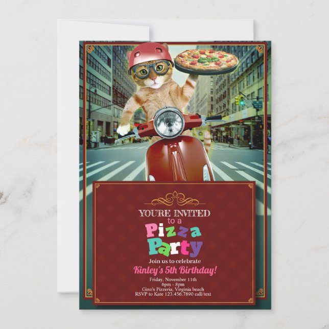¡Fiesta de pizza! Invitación a la entrega de gatos (Anverso)