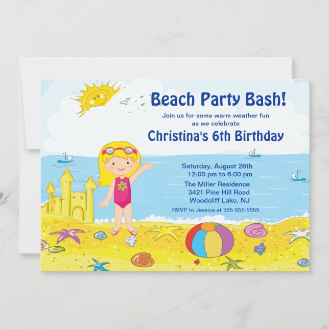 Fiesta de playa Chica Natación Invitación al cumpl (Anverso)