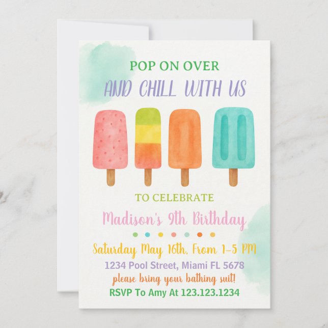 Fiesta de Popsicle colorido Invitación de cumpleañ (Anverso)