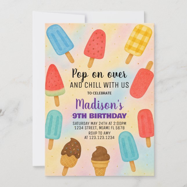 Fiesta de Popsicle colorido Invitación de cumpleañ (Anverso)