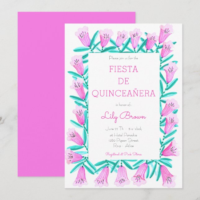 Fiesta de Quinceañera Invitación Flores Rosa (Anverso / Reverso)