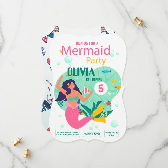 fiesta de sirena rosa Invitación de cumpleaños (Anverso/Reverso In Situ)