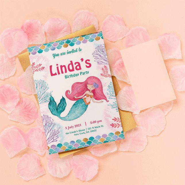 fiesta de sirena rosa Invitación de cumpleaños (Subido por el creador)