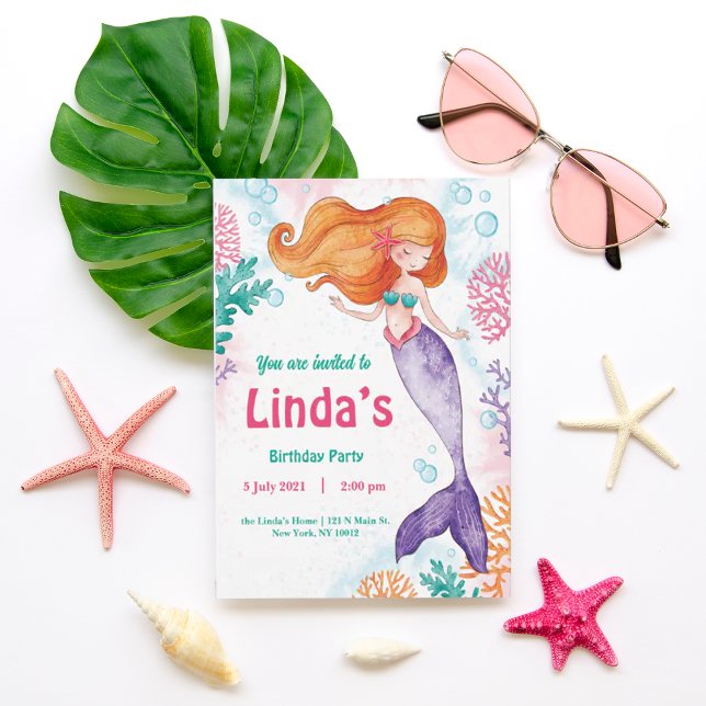Fiesta de sirena rosa personalizado Invitación de  (RAZACLO STORE )