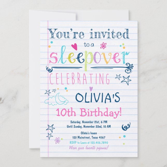 Fiesta de Sleepover Invitación  Pajamas Chica (Anverso)
