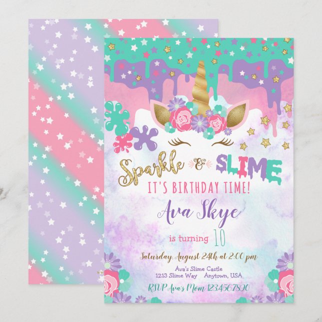 Fiesta de Slime de invitación a cumpleaños de Unic (Anverso / Reverso)