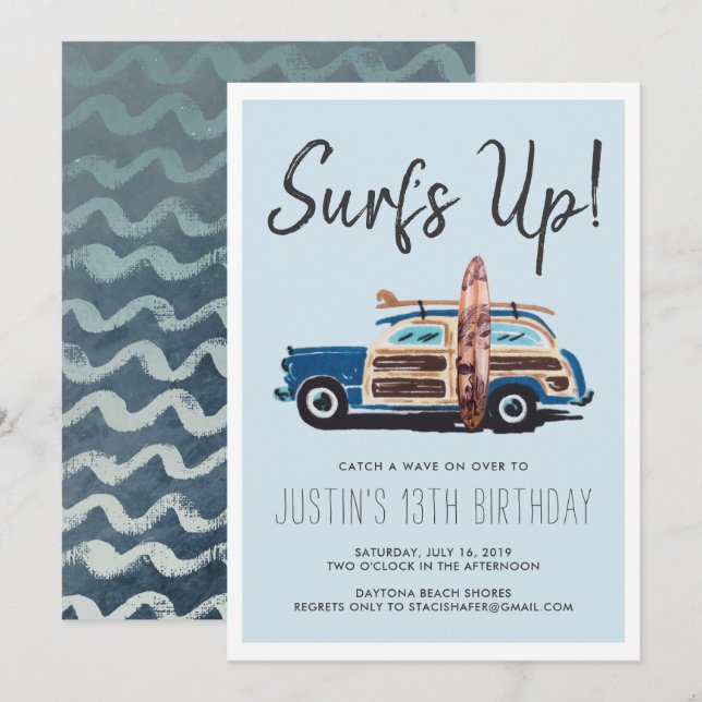Fiesta de Surf de Verano | Invitación de Coche Vin (Anverso / Reverso)