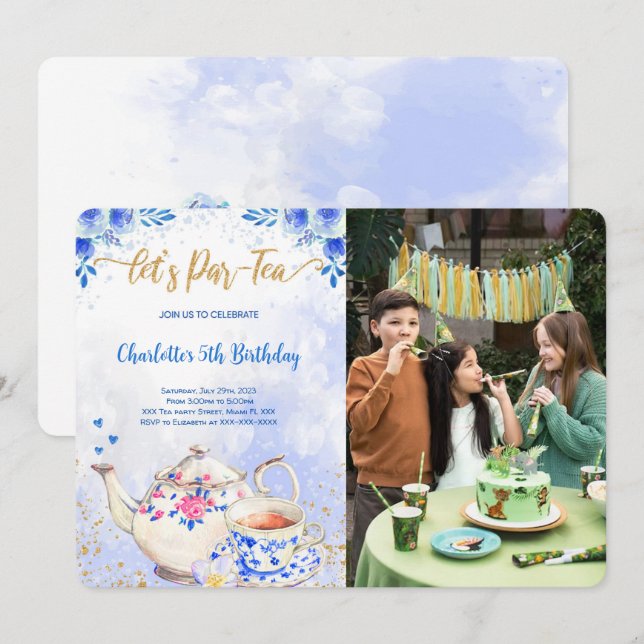 Fiesta de té azul y rosa Invitación a la foto de c (Anverso / Reverso)