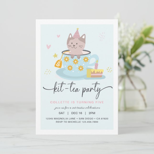 Fiesta de té de gato | Invitación a la fiesta de t (Anverso de pie)