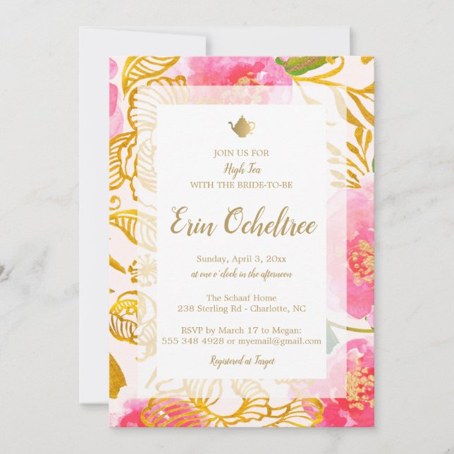 Fiesta de té floral Invitación a ducha de novia (Anverso)