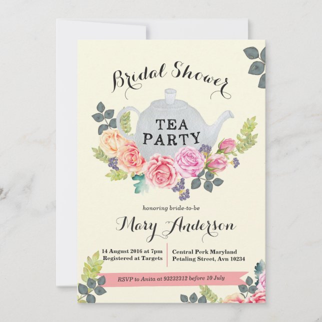 Fiesta de té floral Invitación a ducha de novia (Anverso)